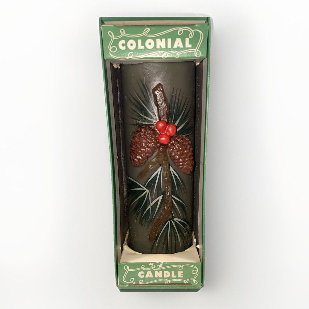 VTG Pine Cone Sculptured Colonial Candle Co MCM Green Pillar Candle NEW with Box